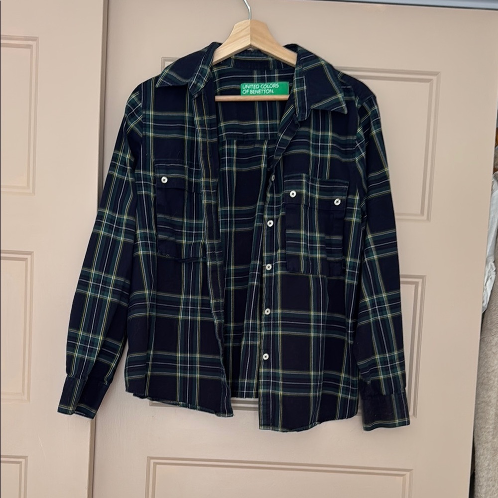 United Colors Of Benetton Black and Green Plaid Blouse